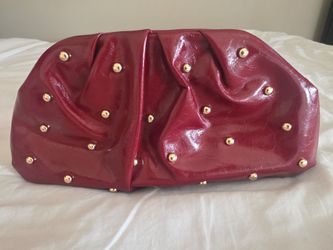 Red Burgundy Leather Gold Studded Clutch