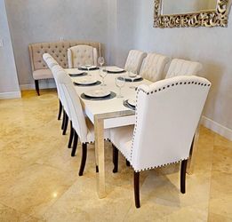 8 chair dining room table and chairs, with matching bench