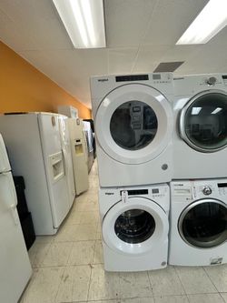 Whirlpool white stackable washer and dryer front load set comes with warranty
