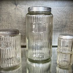 1930’s - 40’s 3 Piece Set Of Ribbed Hoosier Glass Kitchenware 