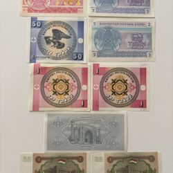 9 Banknotes Central Asia Lot Kazakhstan Kyrgyzstan Uzbekistan UNC