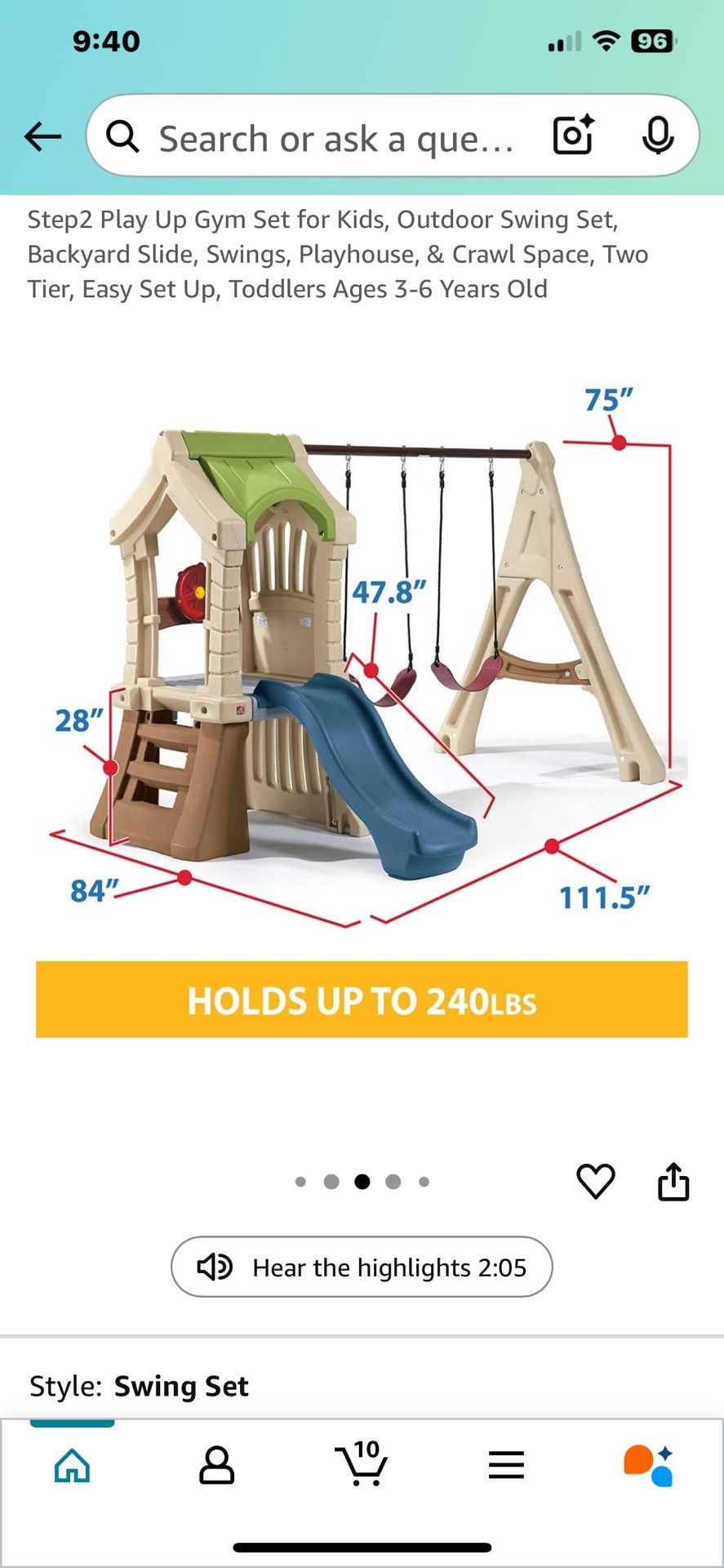 Step2 Play Up Gym Set for Kids, Outdoor Swing Set, Backyard Slide, Swings, Playhouse, & Crawl Space, Two Tier, Easy Set Up, Toddlers Ages 3-6 Years Ol