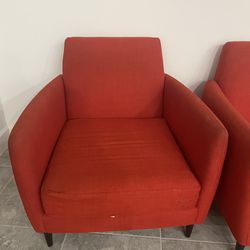 CB2 Red Parlour Chairs and Ottoman