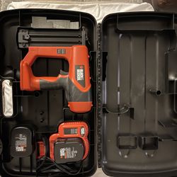 Nailer 18 gauge 12v. Black + Decker Cordless. Lightly Used. Includes Approx. 20k Assorted P+C Brads