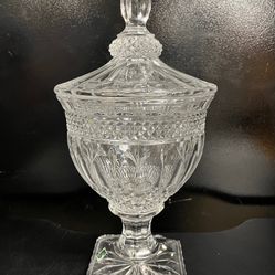 Shannon Crystal Pedestal Footed Candy Dish with lid, has a few chips see all pics