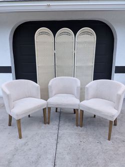 3 Jaden Gray Tweed Curved Back Chaird & Woven rattan and wicker 3-panel folding room divider