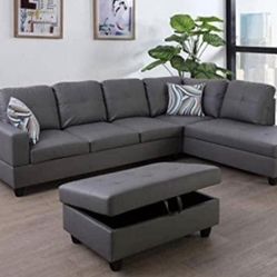 Gray Leather Sectional Couch And ottoman 