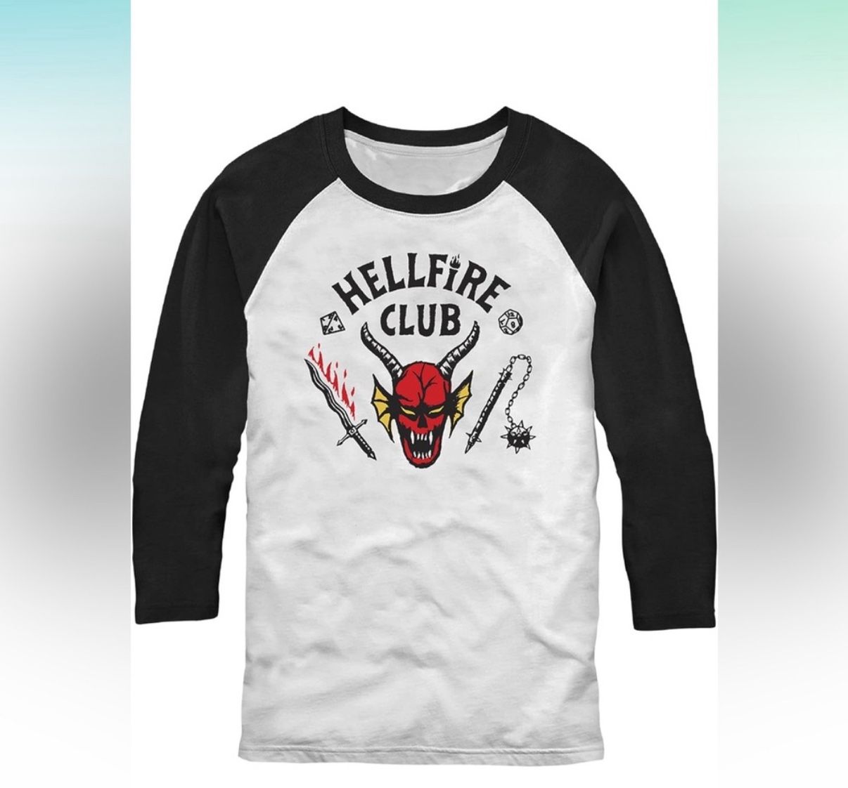 Fifth Sun Stranger Things Eddie Hellfire Club 3/4 Sleeve Raglan Tee HALLOWEEN L