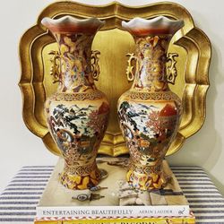 Vintage 14” H Porcelain Satsuma-Style Fluted Vases with Handles - Pair