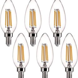 FLSNT 60W Equivalent LED Chandelier Light Bulbs, Dimmable, E12 Base, Clear B11 LED Filament Candelabra Bulbs, 2700K Soft White, 6 Pack