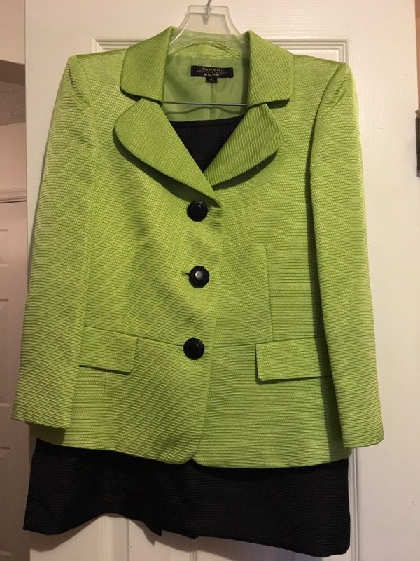Lime green jacket and black skirt. Size 8?