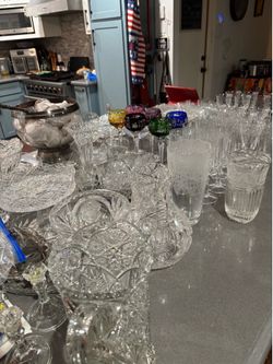 Vintage Silver platters and cut crystal sets