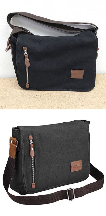 (NEW) $20 Men Women 14” Vintage Canvas Cross Body Schoolbag Satchel Shoulder Messenger Bag (Black)