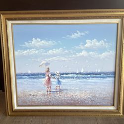 Original Oil Painting P. Watkins Girls at Beach