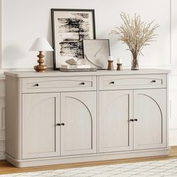 63 Inch Buffet Cabinet with Storage, Curved Sideboard Cabinet with 2 Drawers and 4 Arched Doors, Storage Cabinets with Adjustable Shelves, 