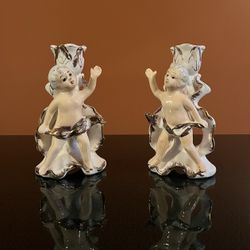 Vintage (50’s) Royal Sealy Porcelain Gilt Cherub Candle Holders 6” Tall