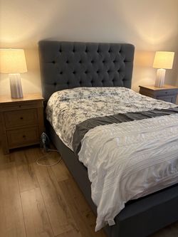 Living Spaces Grey tufted Queen bed