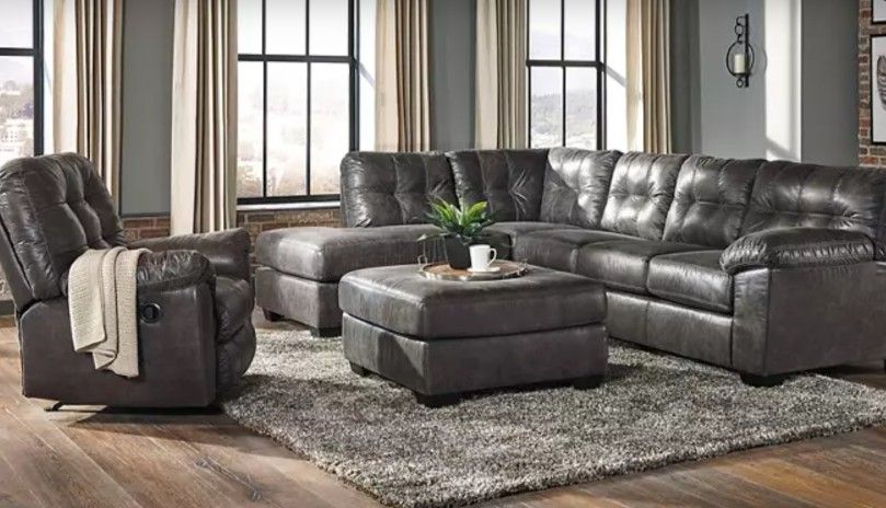 L Shaped Leather Sofa Smoke Green With Ottoman and Separate Recliner Set