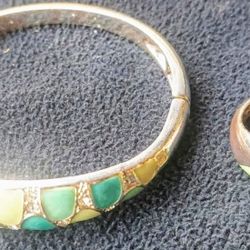 Fashion Jewelry-Matching Bracelet &amp; Ring Set, NRT Avon Silver Tone Bracelet &  Dome Ring, Blue/Green Enamel Stretch Cuff Bracelet, Sell BOTH $25