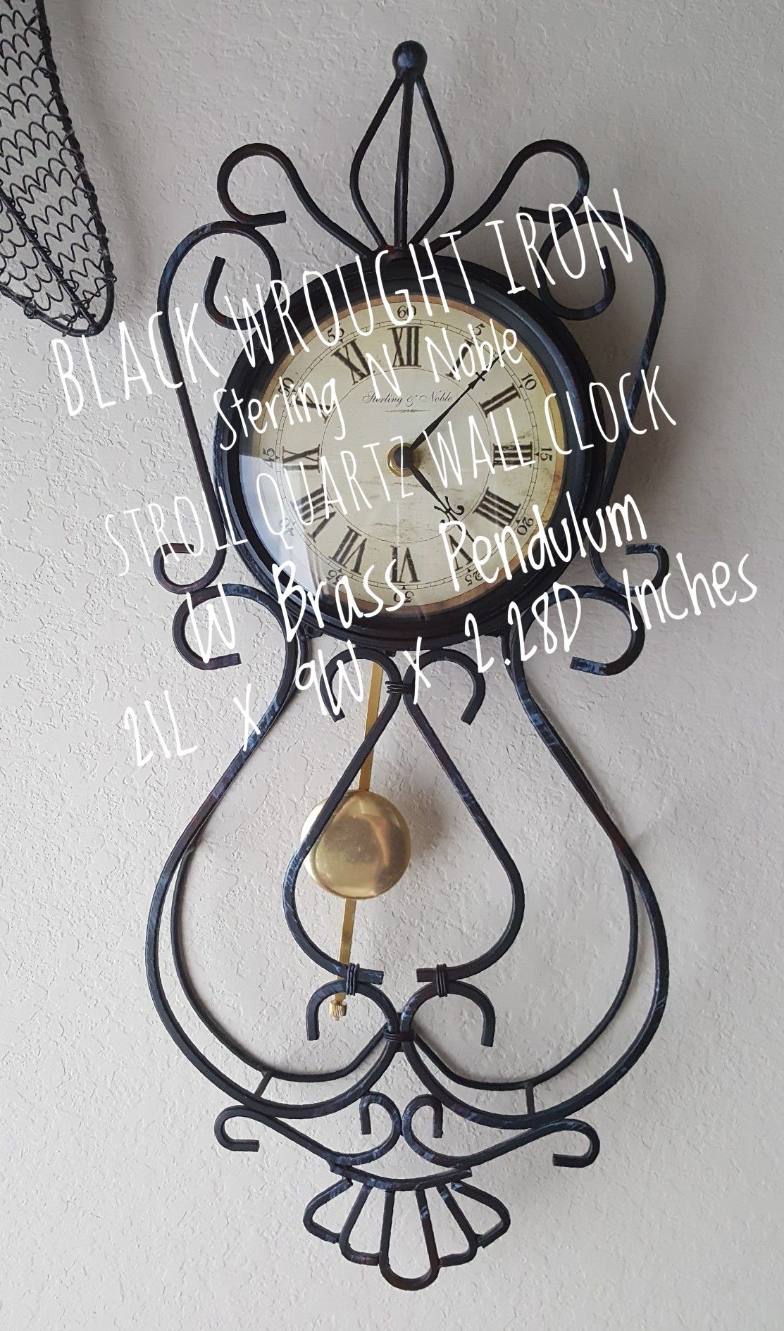 Black Wrought Iron Sterling N Noble Scroll Wall Clock W Metal Pendulum