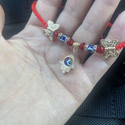 Red String Bracelet Hand Butterflies Beads Stones 