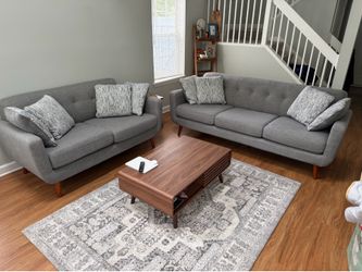 Mid-Century Modern Living & Dining Set – Walnut & Gray