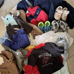 Assorted Toddler Boy Clothes And Shoes And Some Baby Swaddles