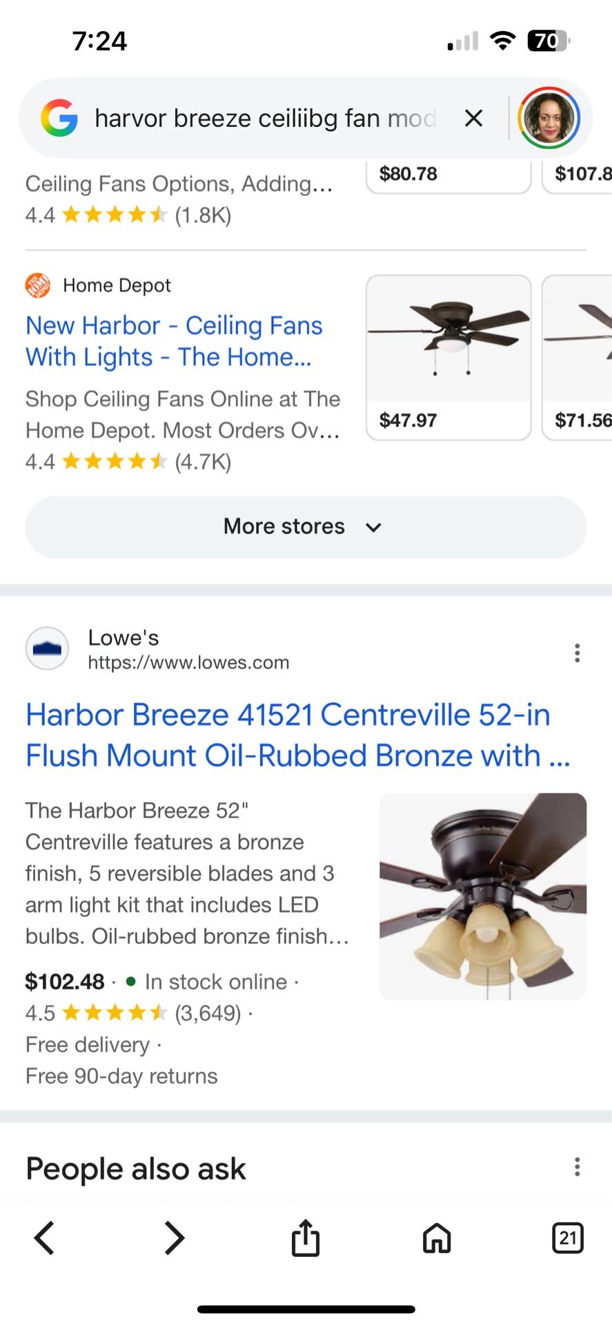 Harbor view Centreville 52” Ceiling Fan Model# 41521 Reversible Blades