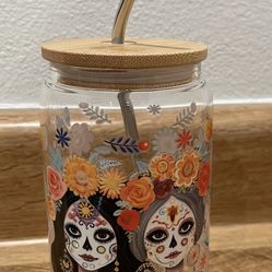  Mother & Daughter Día de Los Muertos Libby Glass Cup W/ Metal Straw