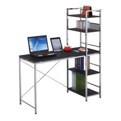 Modern Computer Desk with Attached Bookshelf / Hutch – Black & Chrome