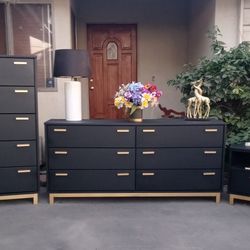 5 Drawer Upright+ 6 Drawer Dresser With Nightstand - Ashley Furniture - Black With Gold 