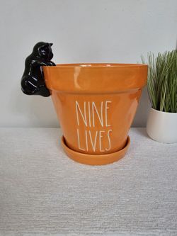 Rae Dunn Nine Lives Large Orange Ceramic Planter Pot With Black Cat 