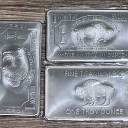 SET OF 3 • Pure Titanium Bullion Bars • Buffalo Dollar Bill Design • 1 oz Titanium in Each Bar (.999 Fine) • Total Weight of 3 Troy Ounces