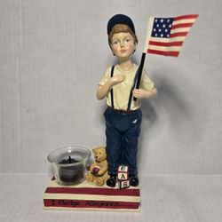 Pledge Allegiance Tea Light Holder Young Boy Holding American Cloth Flag