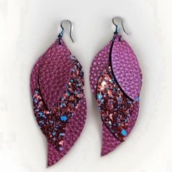 Faux Leather Dangle Earrings (new) TRIPLE TIER DARK RED W/ MULTI GLITTER 