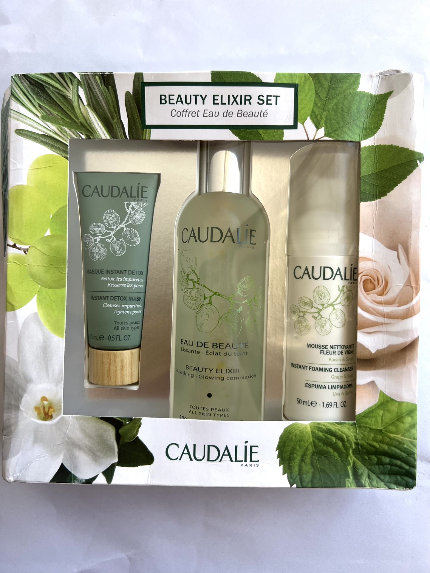 CAUDALIE Elixir Set Beauty Face Mist 100ml Cleanser 50ml Fluid NIB (bad Box). Set contains: • Beauty Elixir (100ml) • Instant Foaming Cleanser (5