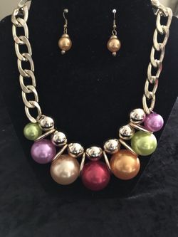Gold chain colorful large bead necklace set