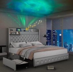 ( Small damage) Full Led Bed Frame with Galaxy Aurora Star Projector, 52" Diamond Upholstered Headboard Platform Beds with 2 Storage Drawers, Mattress
