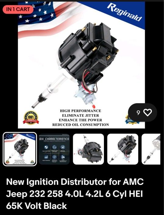 New Ignition Distributor for AMC Jeep 232 258 4.0L 4.2L 6 Cyl HEI 65K Volt Black