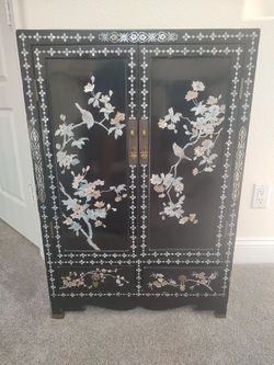 Magnificent Vintage Black Lacquer Cabinet with Mother-of-Pearl Inlay & Hand-Painted Art