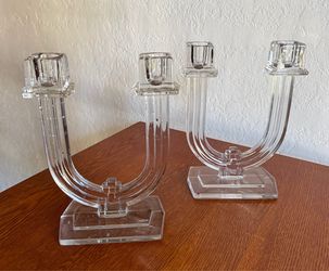 Vintage Heisey Glass Art Deco Style Candle Holders pair