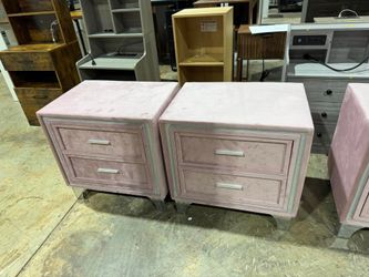 Set of 2, Velvet Nightstand with Silver Glitter Strip Decor and Metal Legs, Pink