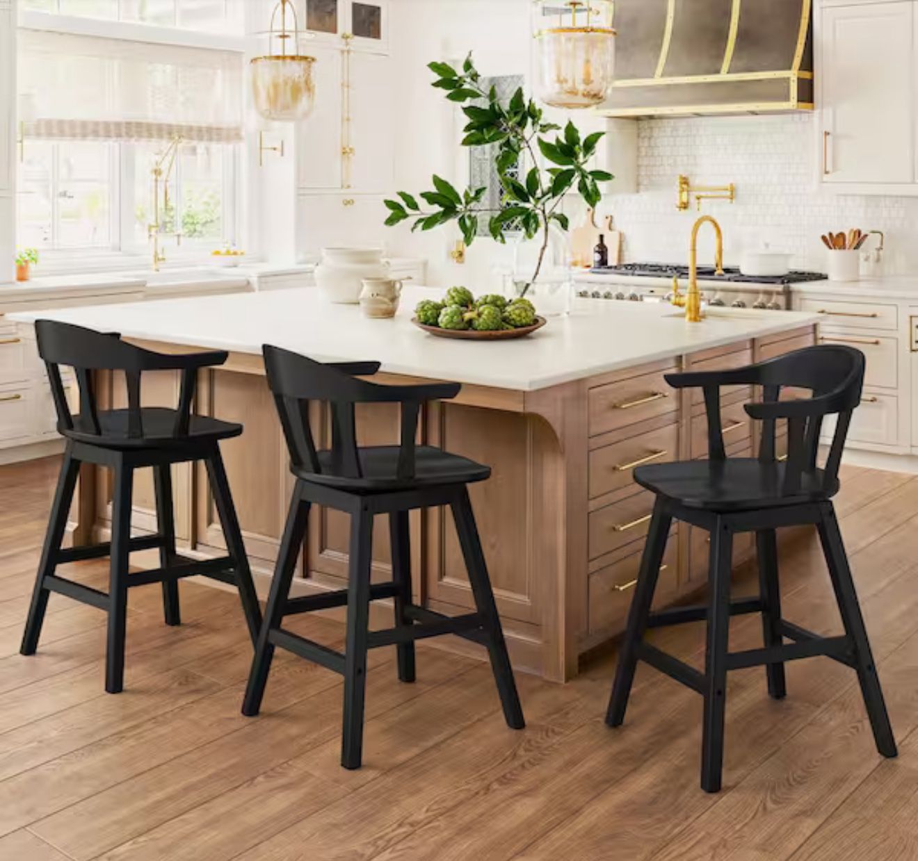 Black Classic Windsor 37.4 in. Swivel Barstool Solid Wood Counter Height Stool with Thicked Spindle Back Set of 3