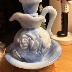 Avon Blue Slag glass Set of Bath Oil Pitcher (empty) & Basin Bowl