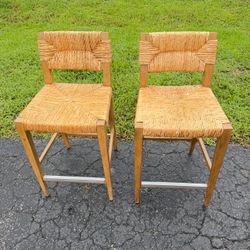 Set of 2 Solid Wood Counter Height Bar Stools Woven Natural Rush Seats 26”