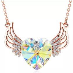 Crystal Heart Angel Wing Necklace Guardian Angel 