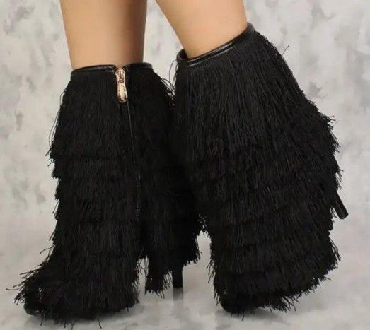 SEXY BLACK OPEN TOE MID CALF TASSEL HIGH HEELS BOOT