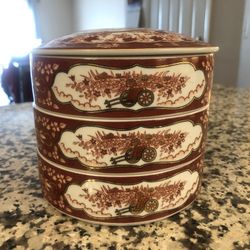 Vintage Japanese Red & White Ceramic Jubako Bento Box