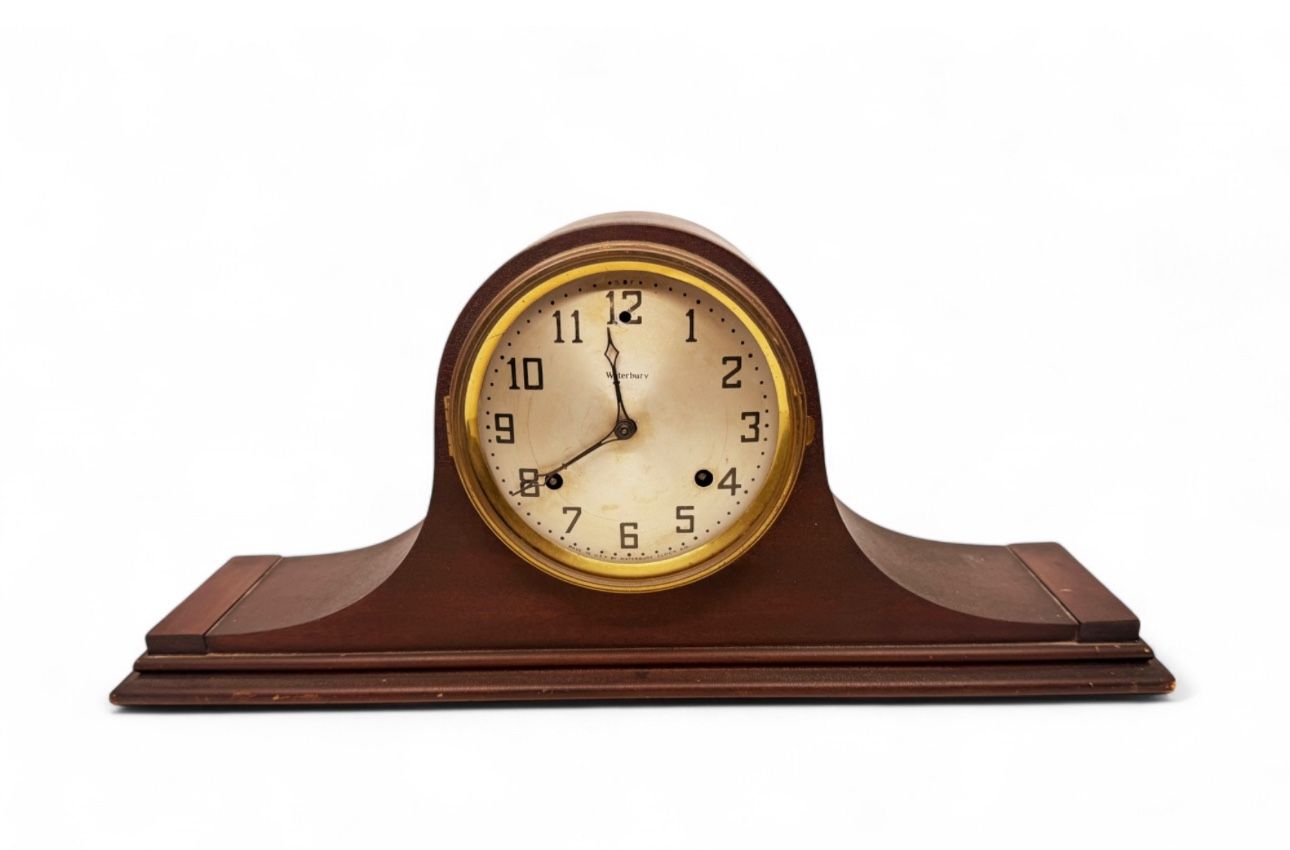 ANTIQUE "WATERBURY" WOODEN MANTEL CLOCK-NO KEY, DOESNT WORK & NO GLASS FACE