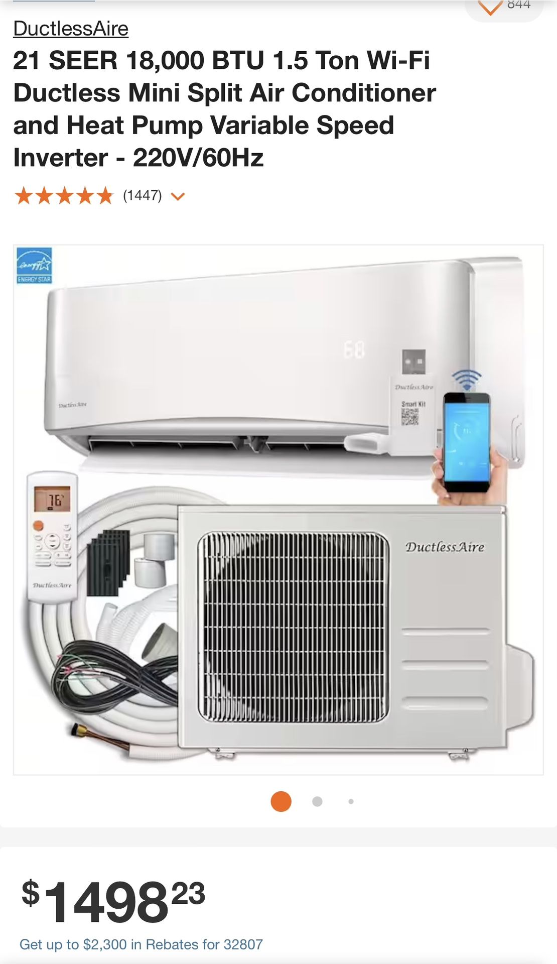 Air-Con 18000 BTU Ductless Mini Split Air Conditioner & Heat Pump - 220V, 18 SEER 8 thumbnail image